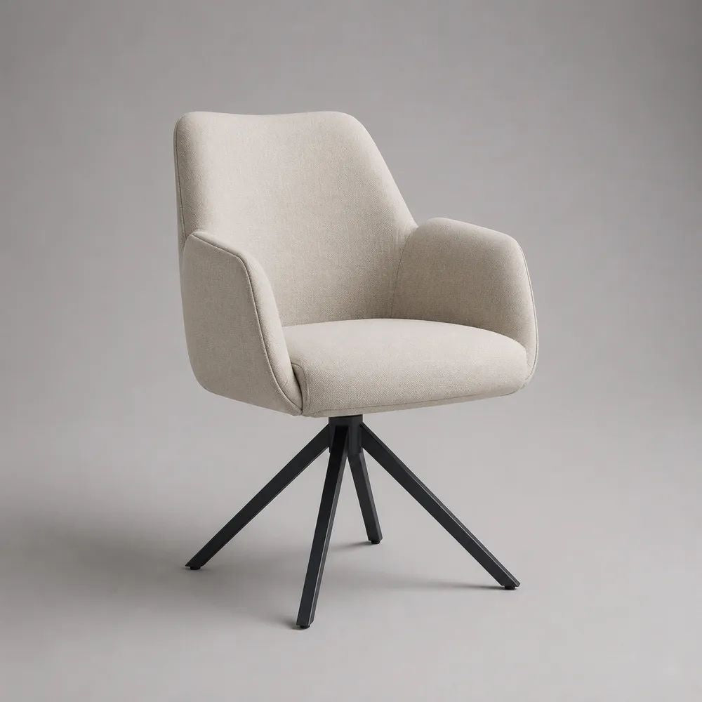 Chaise de salle à manger pivotante avec accoudoirs, dossier incurvé en tissu beige et piètement en acier noir, 60 × 62 × 84 cm