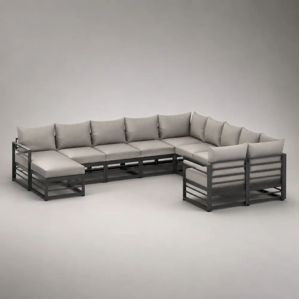 Ensemble canapé de jardin modulable 8 pièces et 8 places en aluminium avec coussins gris clair, forme en U, anthracite, 375 × 225 × 68 cm