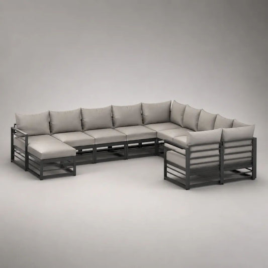 Ensemble canapé de jardin modulable 8 pièces et 8 places en aluminium avec coussins gris clair, forme en U, anthracite, 375 × 225 × 68 cm