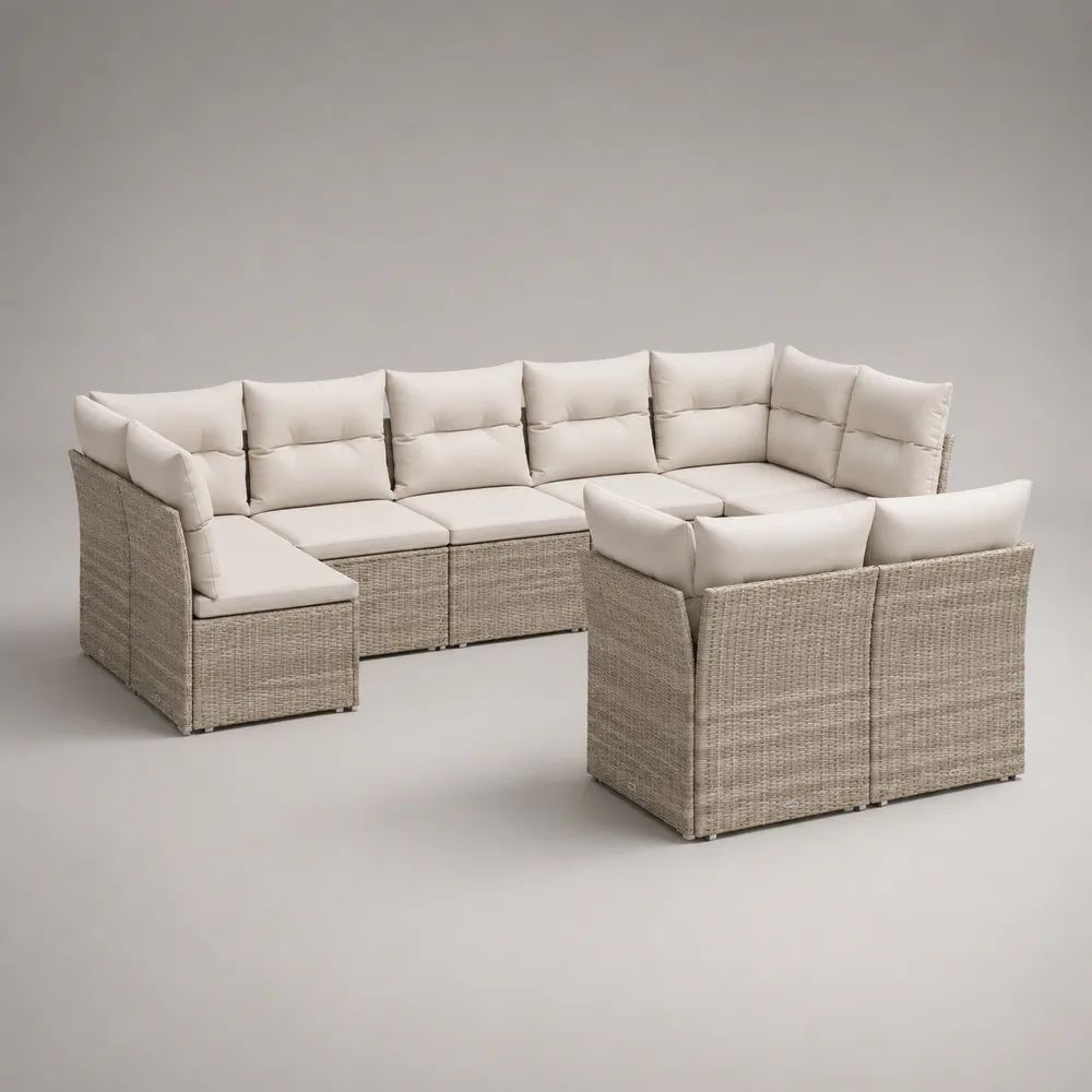 Salon de jardin modulable en U 8 places en résine tressée et acier, taupe clair et beige, 260 × 195 × 72 cm