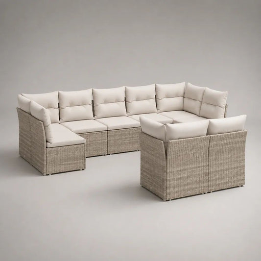 Salon de jardin modulable en U 8 places en résine tressée et acier, taupe clair et beige, 260 × 195 × 72 cm