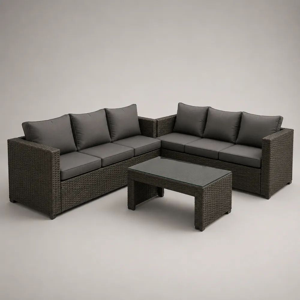 Salon de jardin 6 places en résine tressée anthracite avec 2 canapés de 226 × 78 × 72 cm et 184 × 78 × 72 cm, table basse de 100 × 55 × 40 cm et coussins gris foncé
