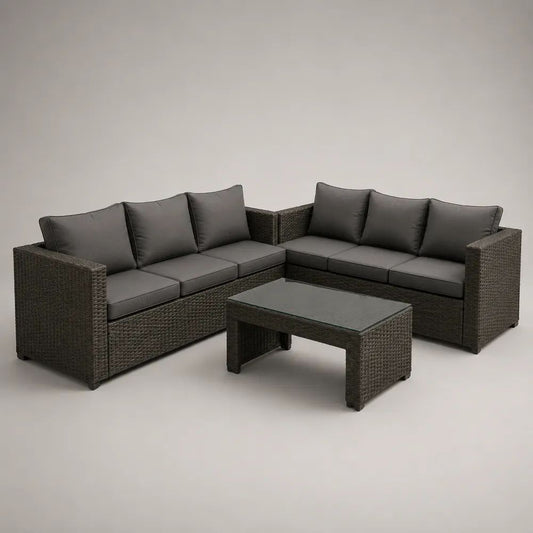 Salon de jardin 6 places en résine tressée anthracite avec 2 canapés de 226 × 78 × 72 cm et 184 × 78 × 72 cm, table basse de 100 × 55 × 40 cm et coussins gris foncé
