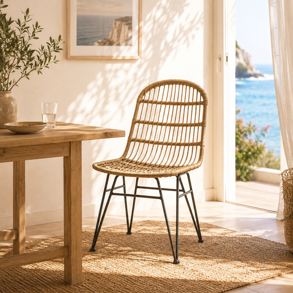 Chaise de salle à manger en rotin avec structure en fer forgé