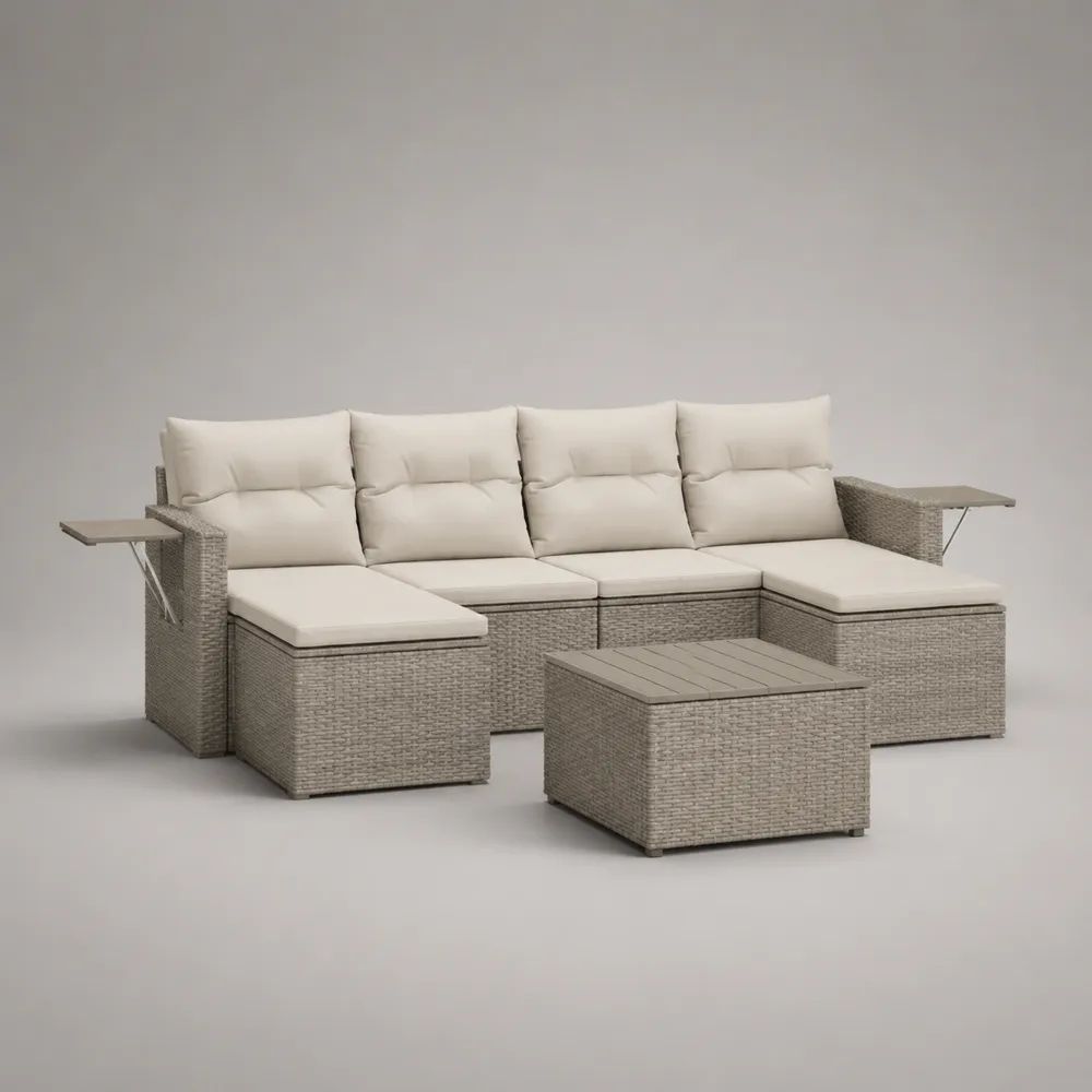 Salon de jardin extérieur 4 places, ensemble 4 pièces avec canapé, 2 repose-pieds et table basse carrée en résine tressée sur acier, gris taupe et blanc cassé, 296 x 160 x 88 cm