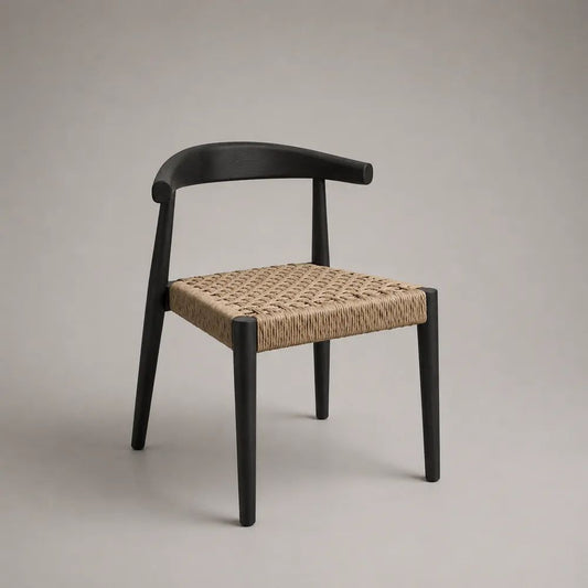 Chaise de salle à manger en bois massif noir avec assise tressée en corde de papier beige naturel, 55 x 53 x 76 cm